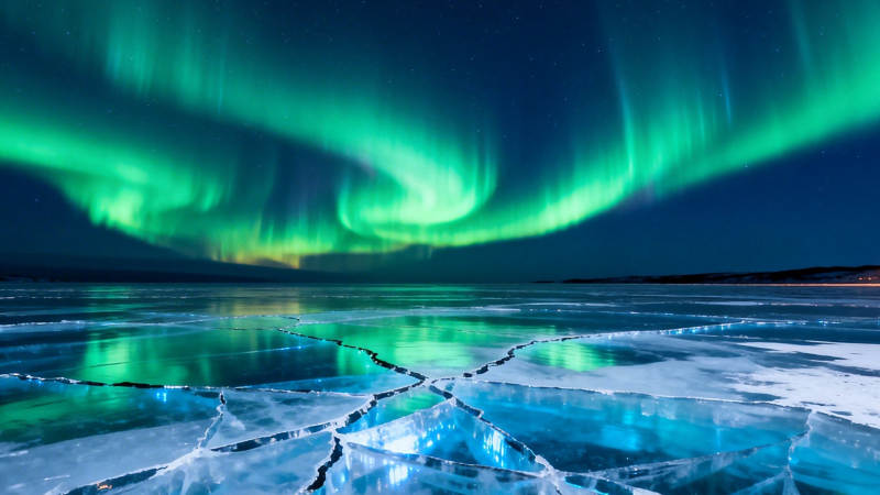 极光映冰湖 绿光舞夜空图片