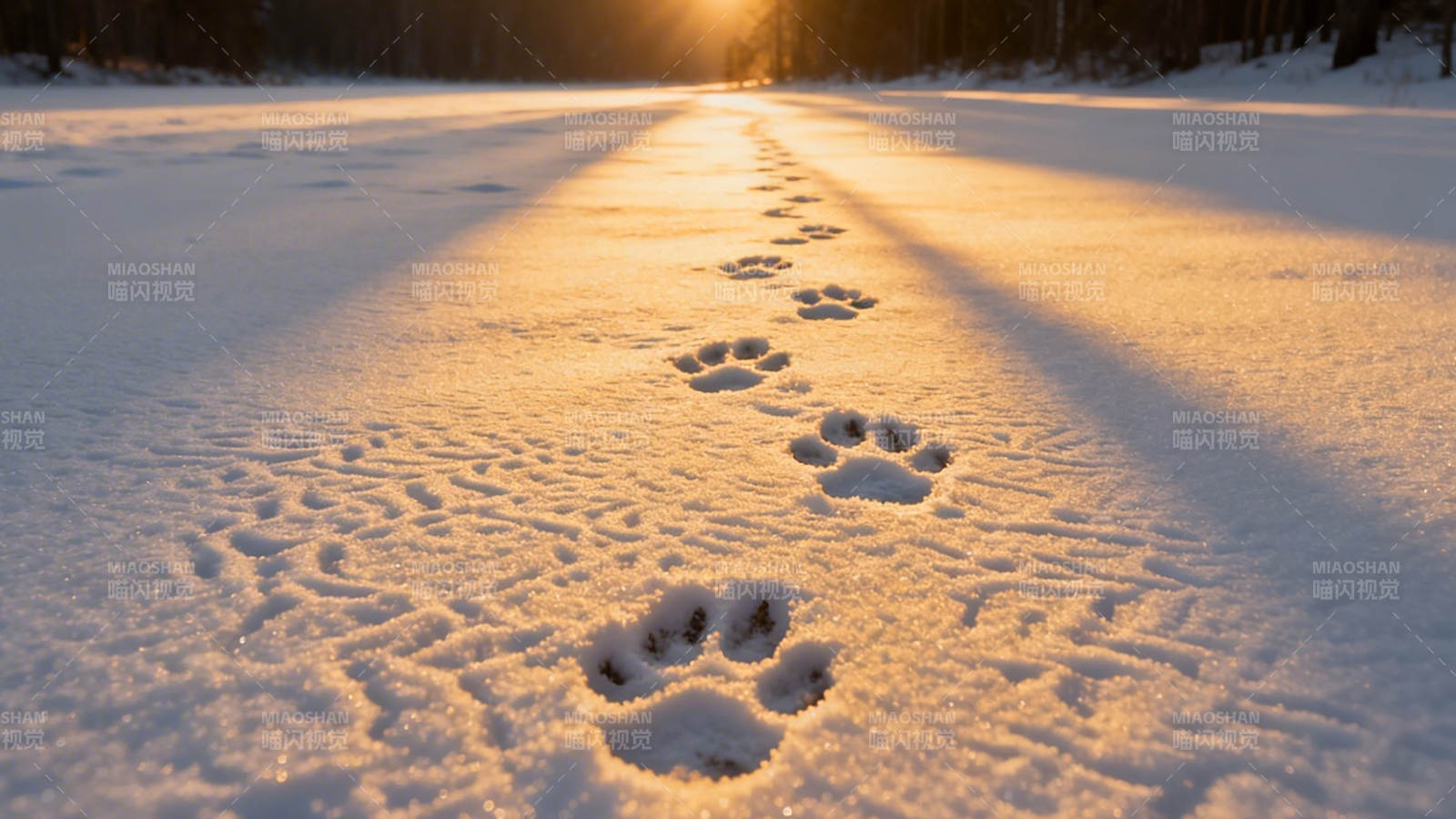 雪地足迹 夕阳余晖伴行图片