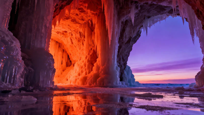 冰洞霞光映水镜图片