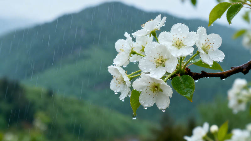 雨中梨花 山色朦胧美图片