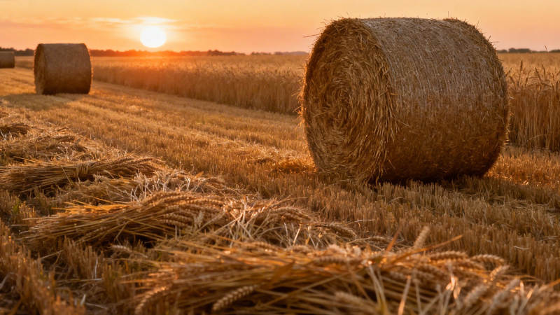 夕阳下的麦田草垛图片