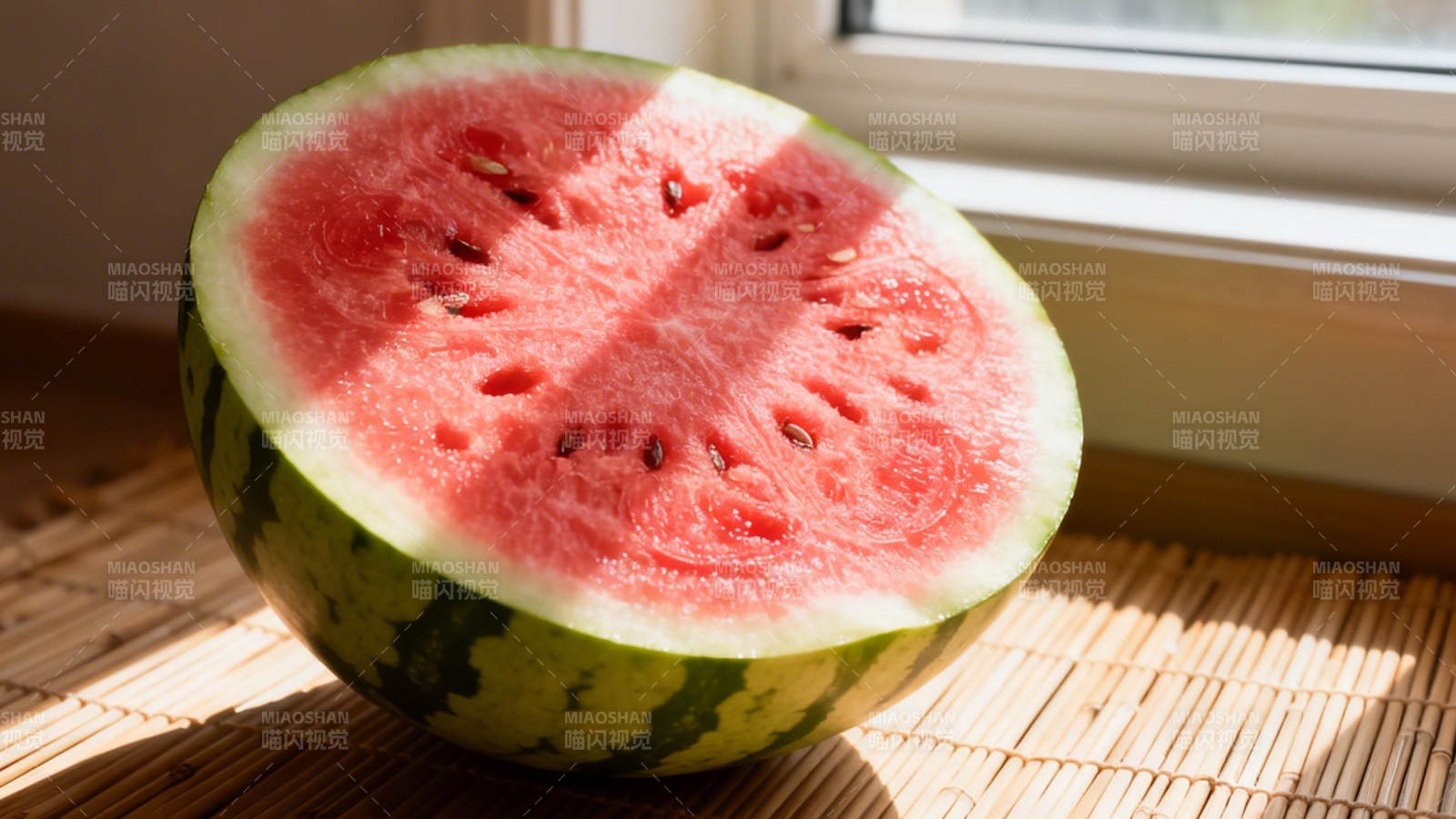 阳光下的鲜红西瓜半颗图片