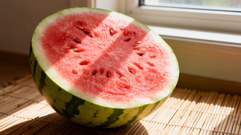 阳光下的鲜红西瓜半颗图片