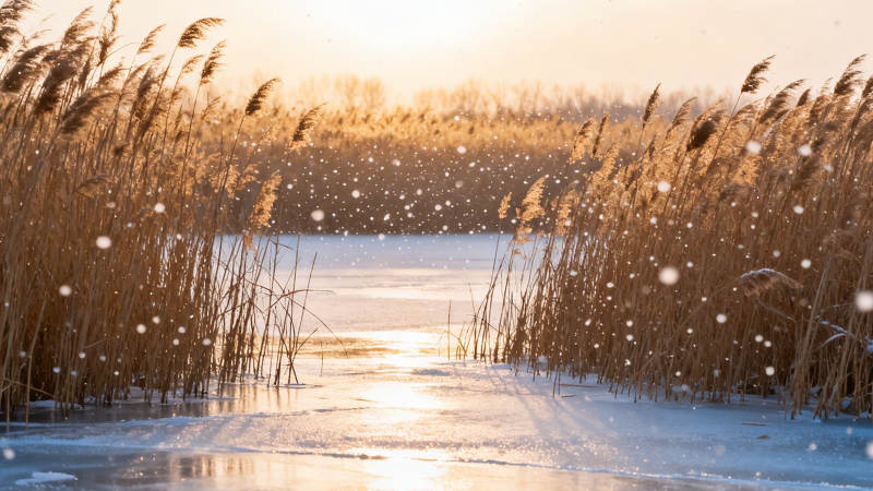 雪落芦苇 夕照冰河静美图片