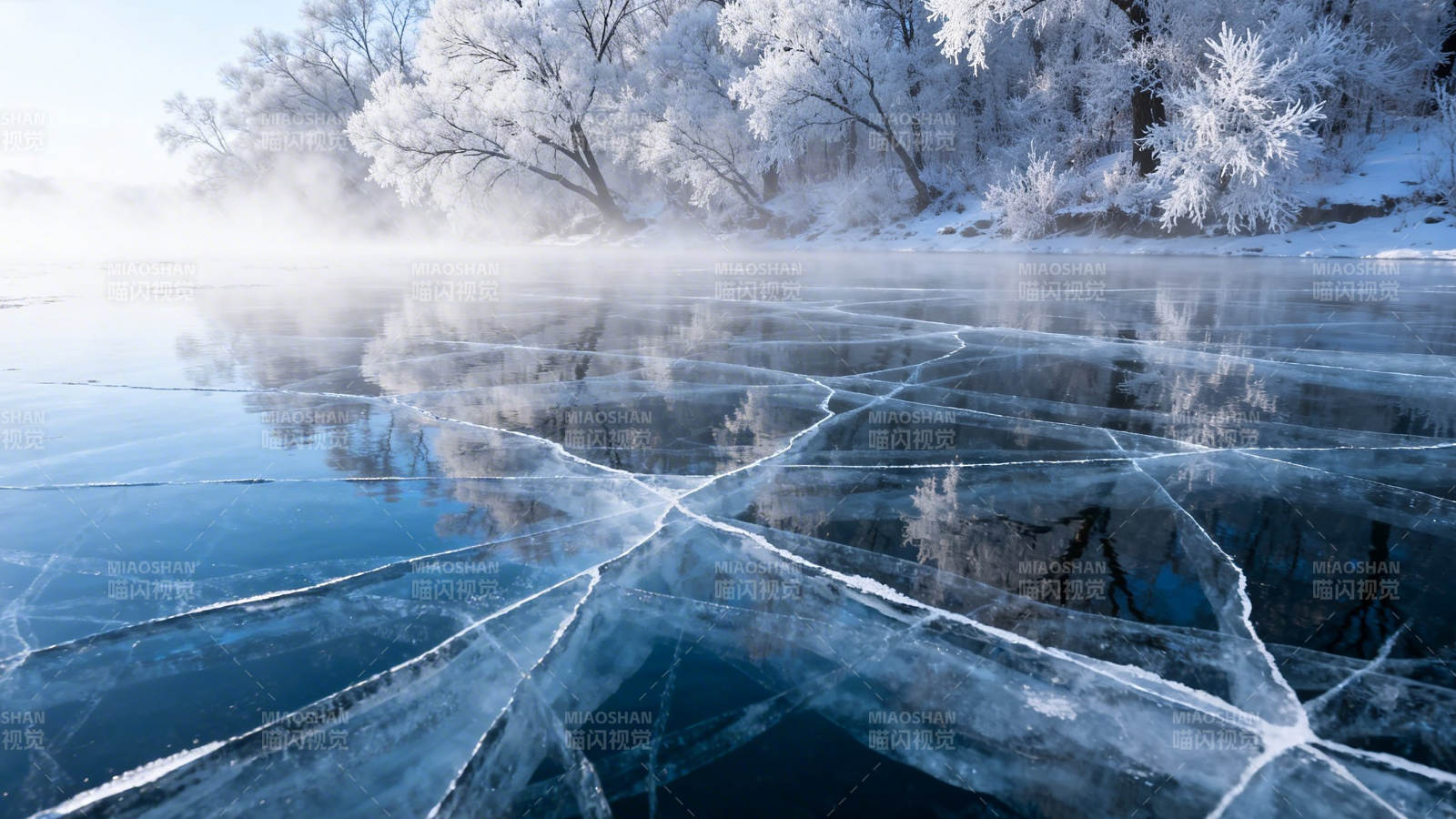 冰裂湖面 雾凇覆岸图片