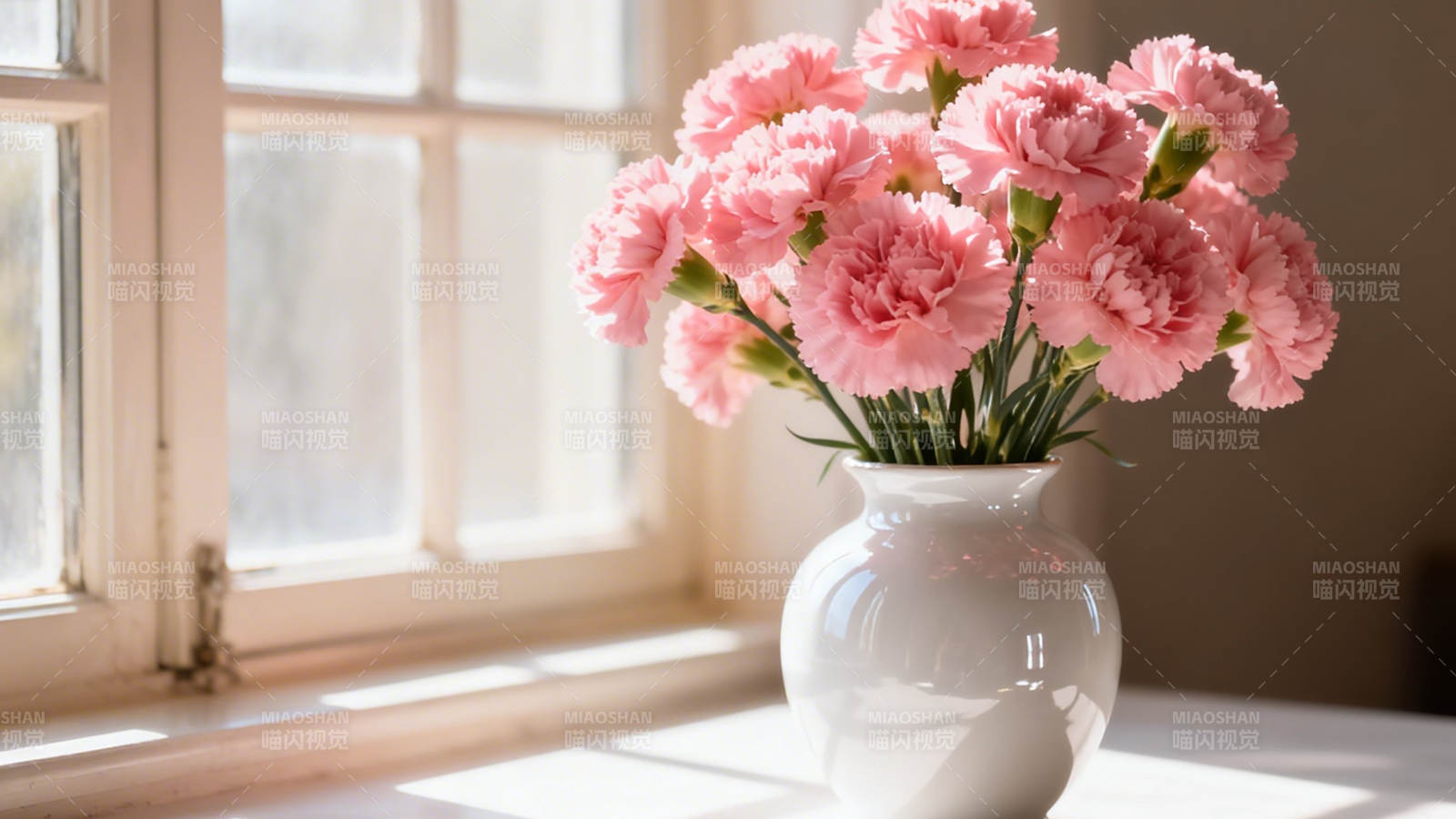 窗边粉色康乃馨静放花瓶中图片
