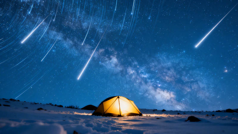 雪夜帐篷观流星雨图片