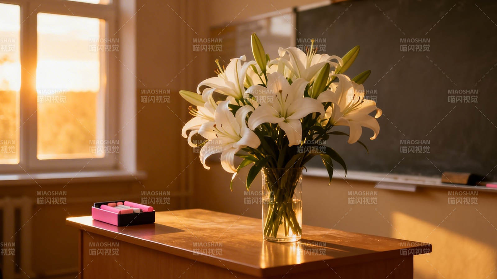 夕阳教室 百合静放讲台图片