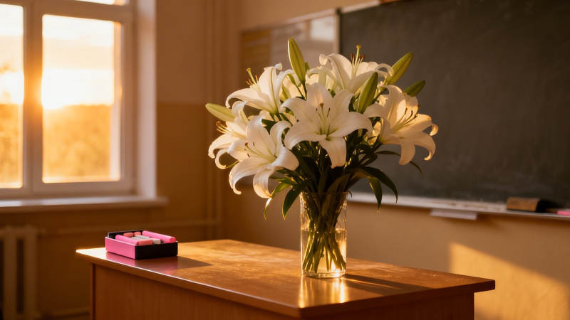 夕阳教室 百合静放讲台图片