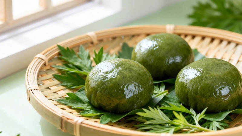 青团三颗 竹篮绿叶衬香图片