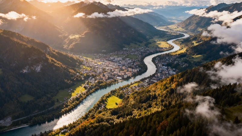 山河蜿蜒 云绕古镇晨光图片