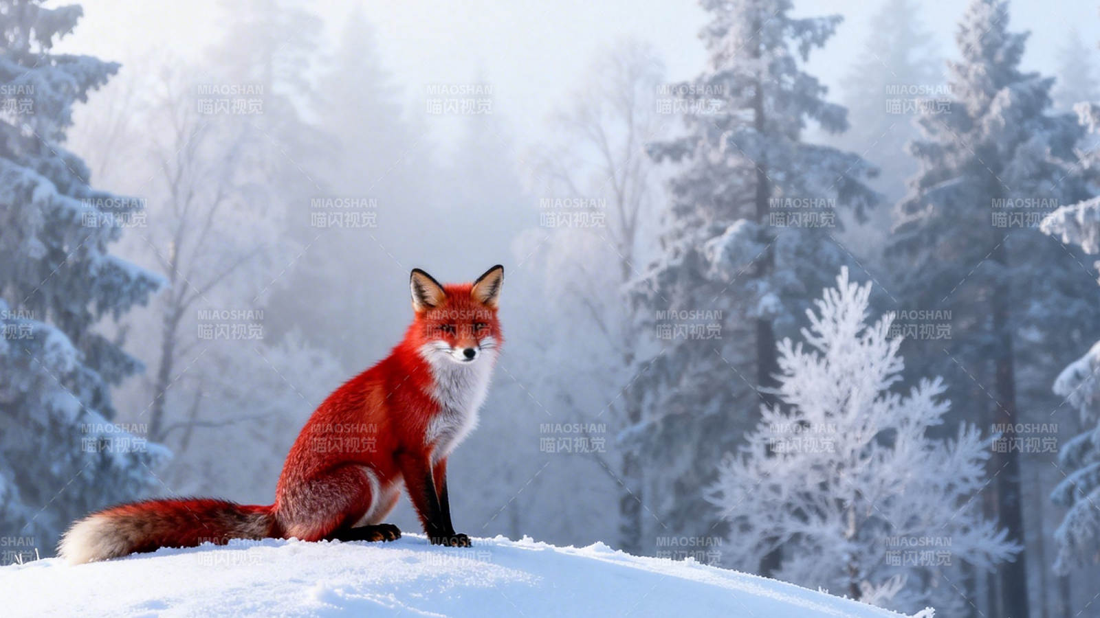 雪林红狐静坐望远方图片