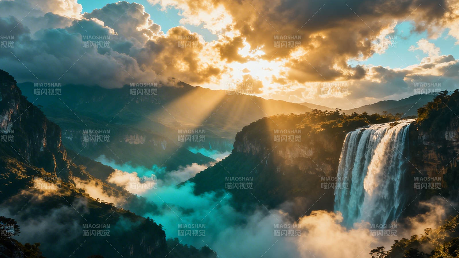 夕阳瀑布 云海金光图片