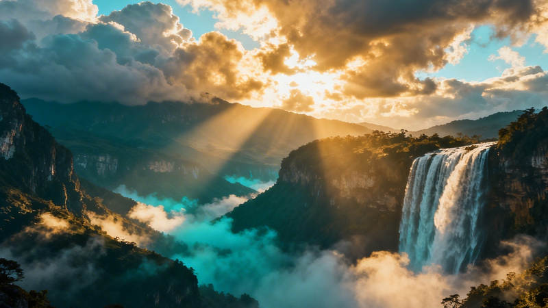 夕阳瀑布 云海金光图片