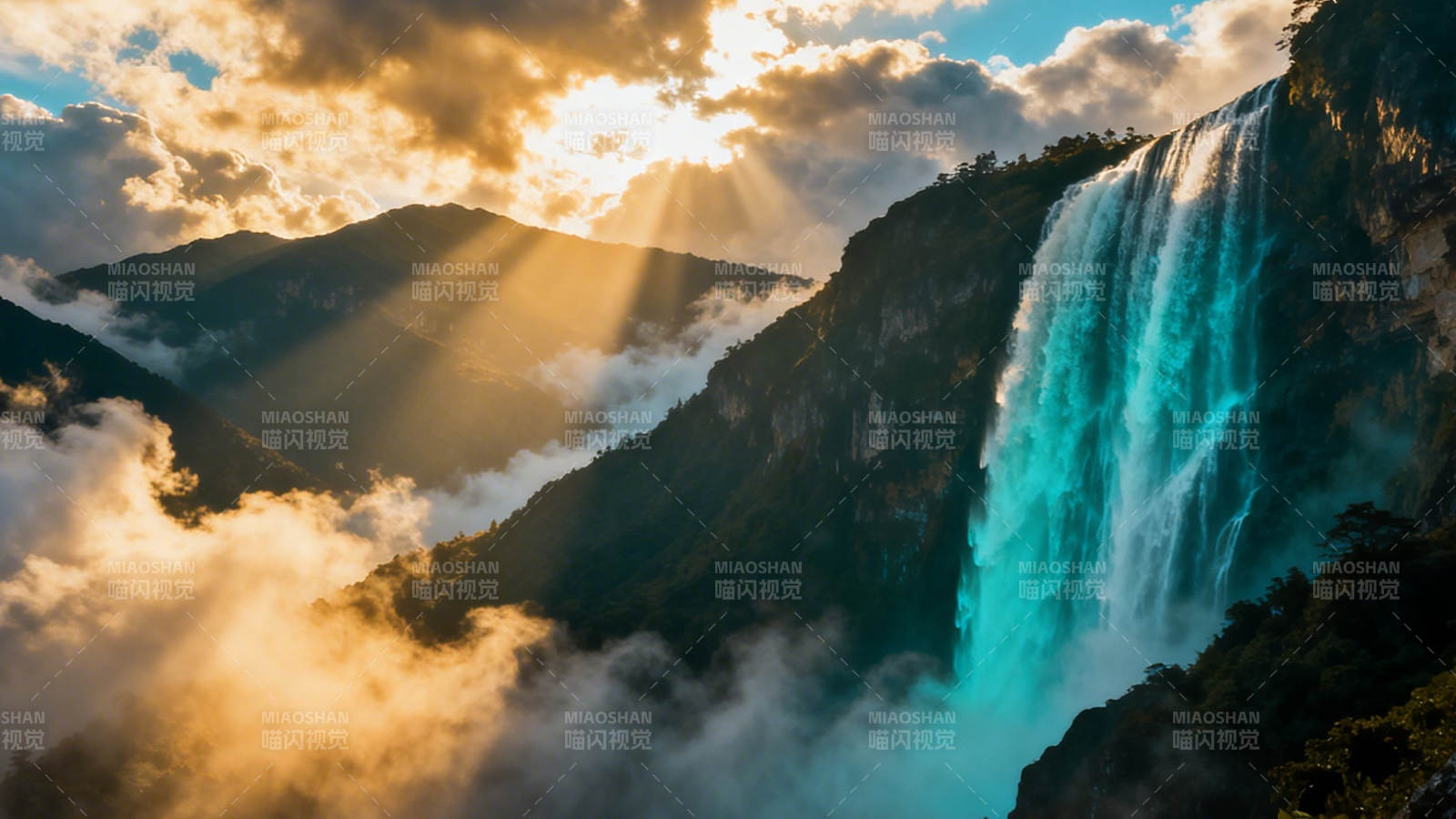 云海飞瀑 金光穿云图片