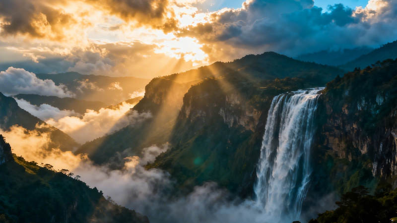 瀑布穿云 金光破晓图片