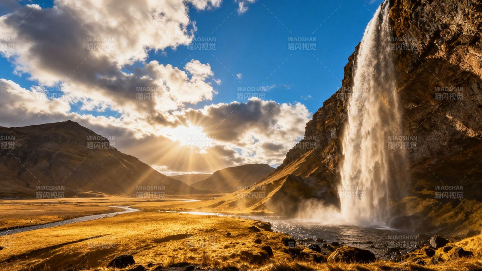 夕阳瀑布 山河壮丽图片