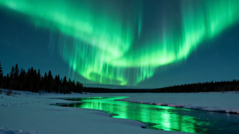 极光映照雪河 绿光舞夜空图片