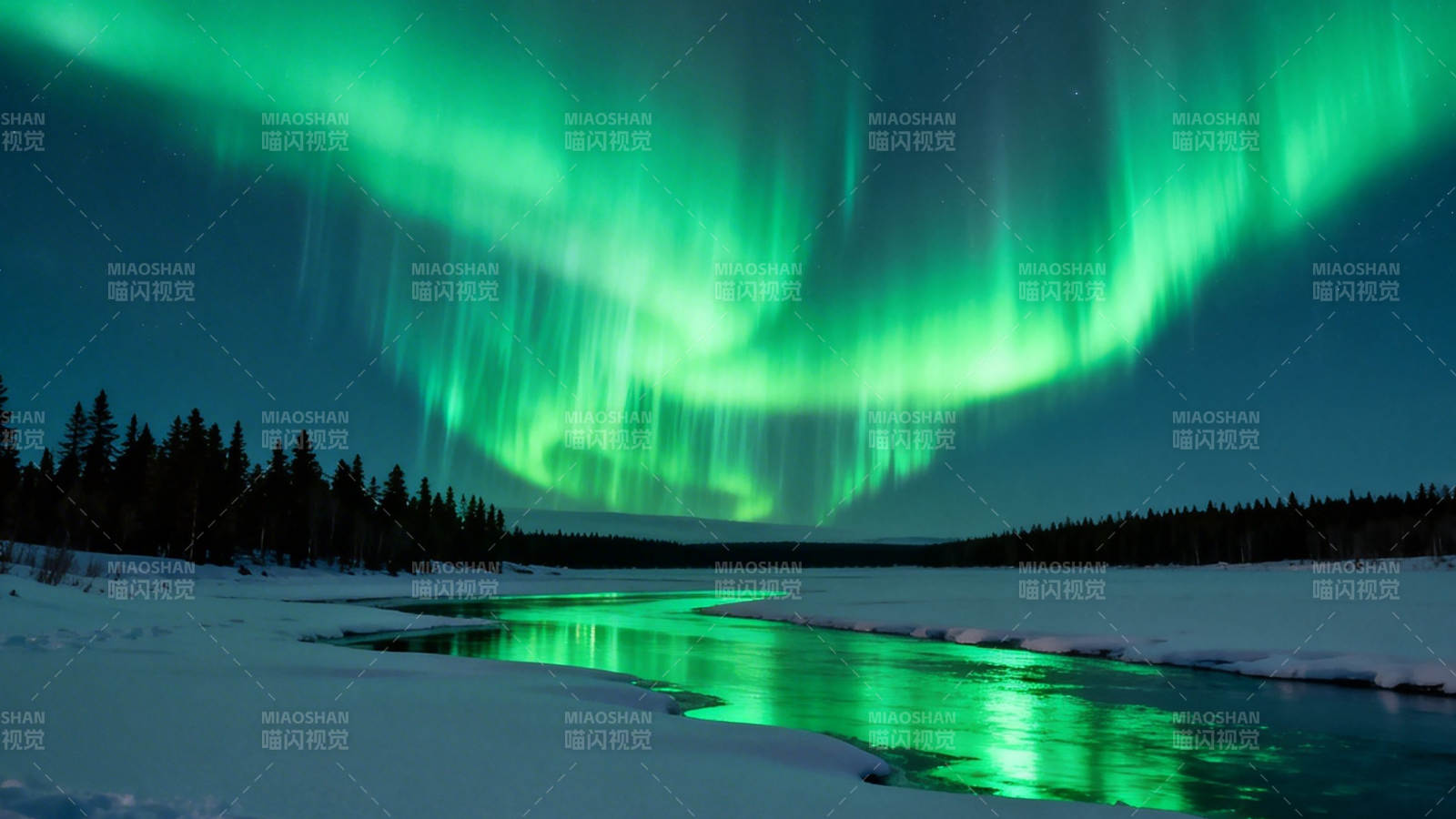 极光映照雪河 绿光舞夜空图片