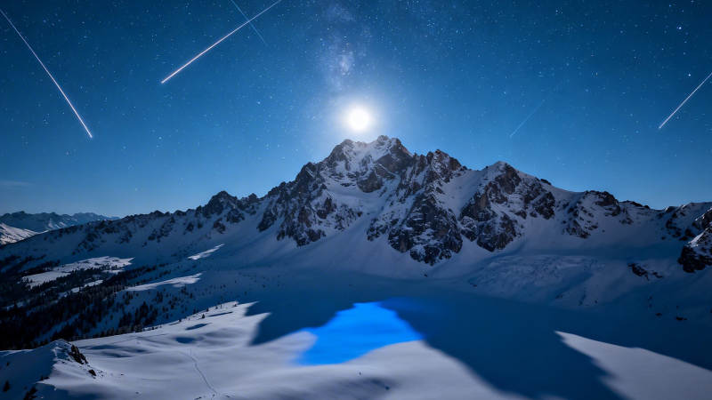雪山流星夜 月照冰湖蓝图片