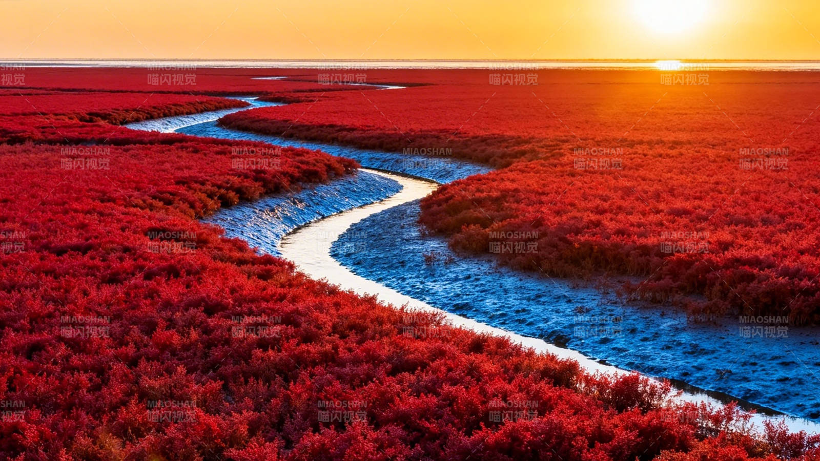 红滩曲水映夕阳图片