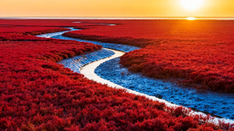 红滩曲水映夕阳图片