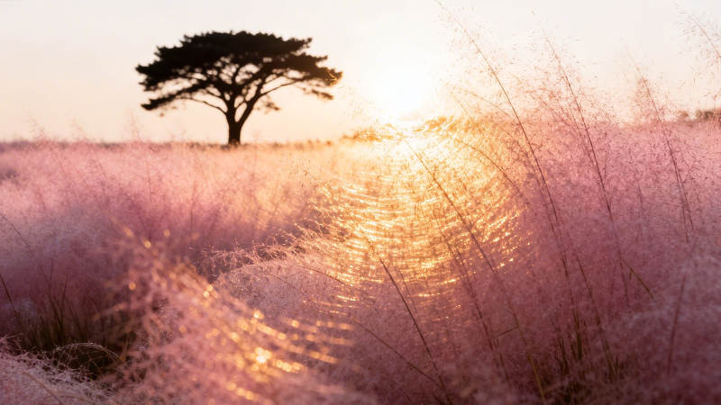 夕阳粉草孤树景图片