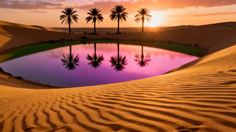 沙漠绿洲 夕阳棕榈倒影图片