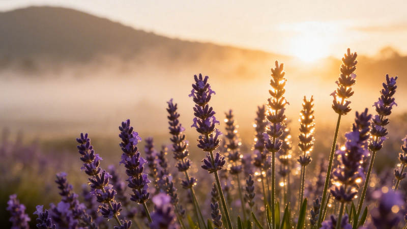 晨雾薰衣草 日出温柔光图片