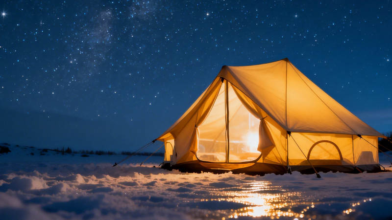 雪夜星空下的温暖帐篷图片