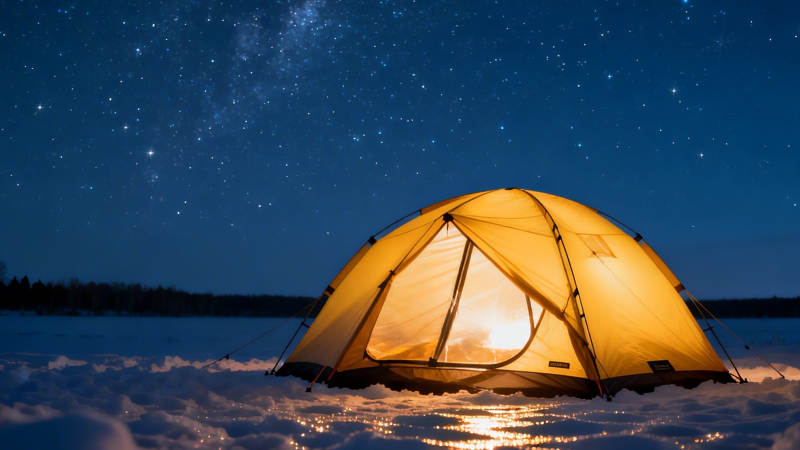 雪夜星空下的温暖帐篷图片