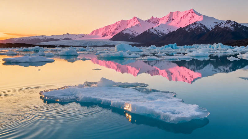 冰湖映雪山 粉霞染天际图片