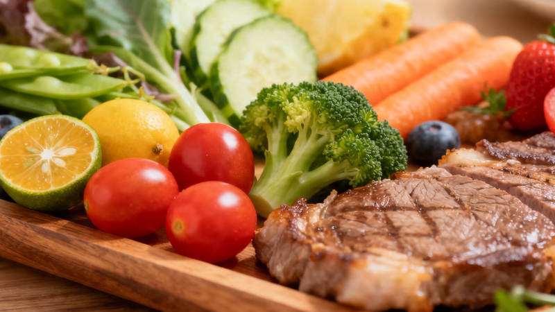 健康餐盘 牛排配鲜蔬水果图片