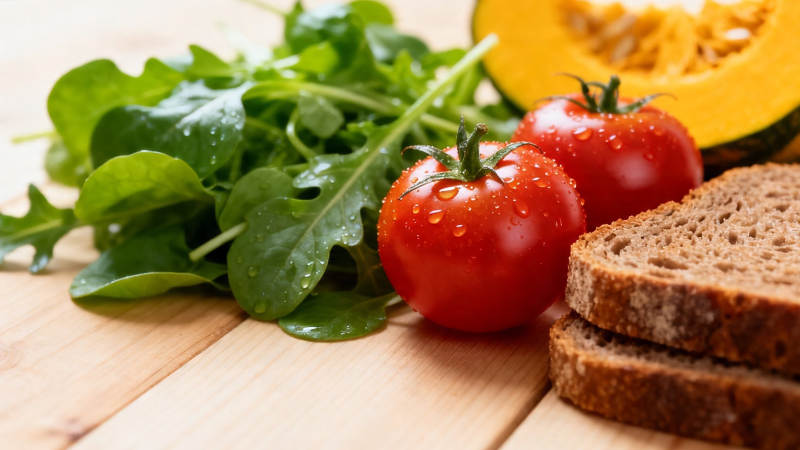 新鲜蔬果配全麦面包图片