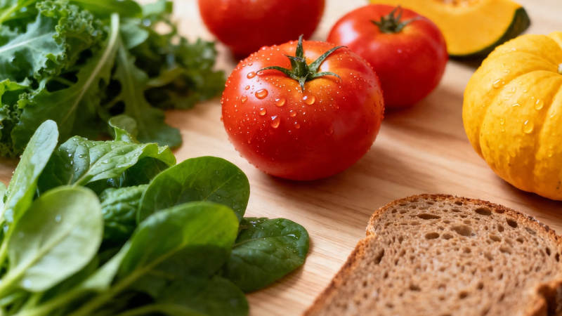 新鲜蔬果与全麦面包图片