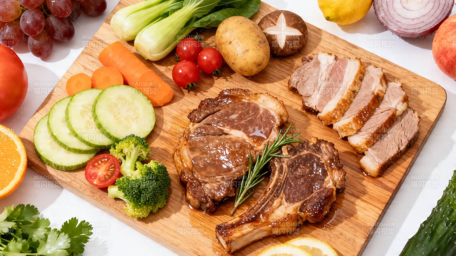 木盘盛肉菜 鲜蔬伴香煎图片