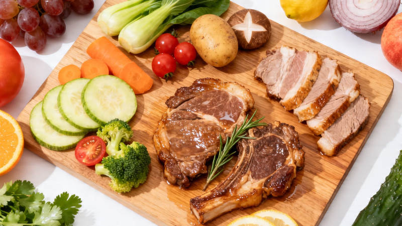 木盘盛肉菜 鲜蔬伴香煎图片