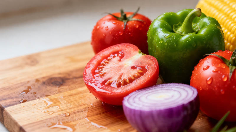 新鲜蔬菜切配待烹图片