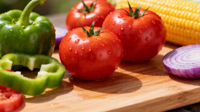 新鲜蔬菜切配待烹图片