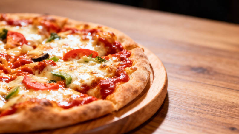 木盘上的美味披萨图片
