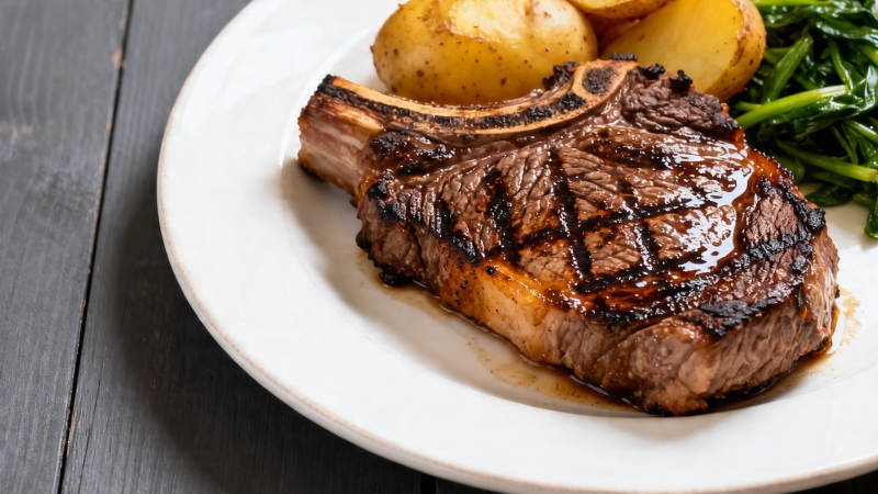 香煎战斧牛排配土豆青菜图片