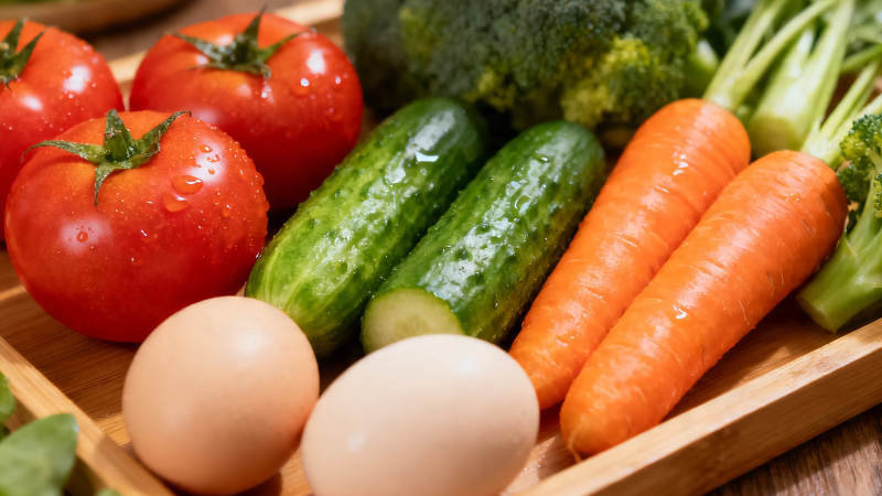 新鲜蔬果鸡蛋摆盘特写图片