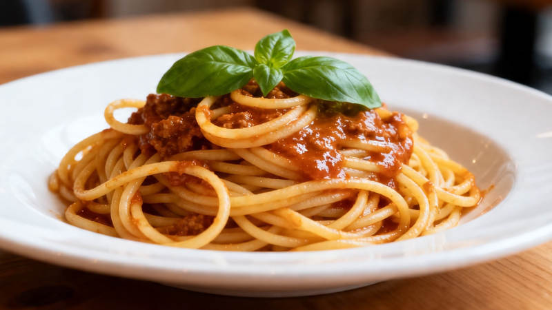 意面配肉酱 点缀罗勒叶图片