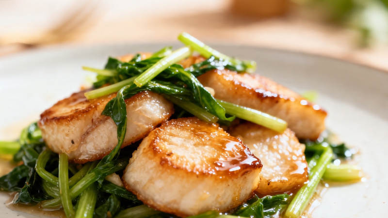 香煎鱼片配青菜图片