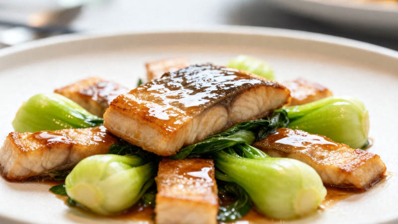 香煎鱼块配青菜图片