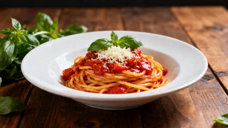 意面配番茄酱与罗勒叶图片