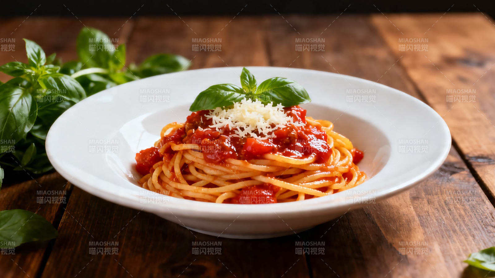 意面配番茄酱与罗勒叶图片