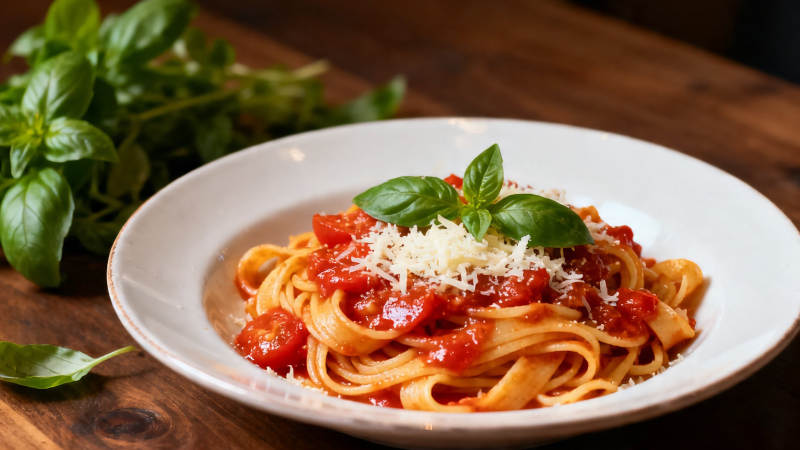 意面配番茄酱与罗勒叶图片