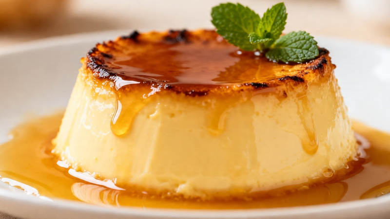 焦糖布丁配薄荷叶图片