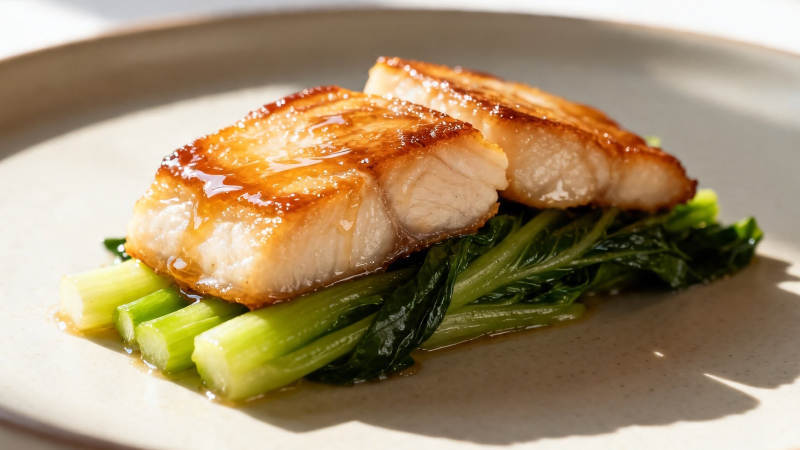 香煎鱼配青菜 色泽诱人图片